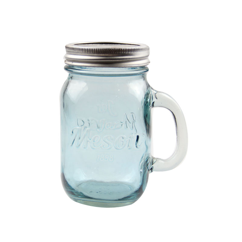 Blue mason jar with silver lids
