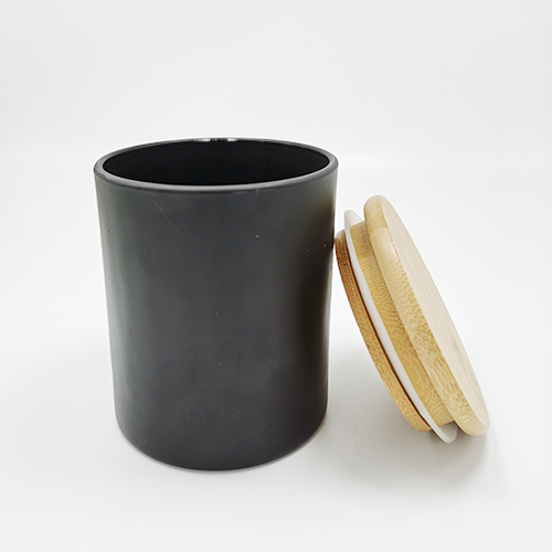 black color glass candle jar with wooden lid customized factory