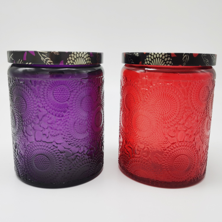 Red And Purple Sunflower Carved Glass Candle Jar Wholesale With colored Metal Lid 